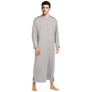 GHYUB Nachthemd Herren Langarm,Herren-Baumwoll-Bademantel In Übergröße, Modal-Baumwolle, Herren-Nachthemden Mit Knöpfen, Langarm, Mit Taschen, Extra Langer, Weicher EIS-Seide-Pyjama, Ultraleicht