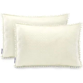 AmeliaHome 2 Kissenbezüge mit Pompons zweiseitig ultrasonic Steppung 50x70 cm Meadore Creme
