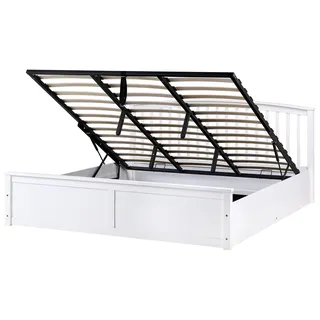 BELIANI Bett Weiß Kiefernholz mit Bettkasten Lattenrost 180x200 cm Hochklappbar Hohes Kopfteil Skandi-Stil Schlafzimmer Doppelbett Holzbett - Weiß