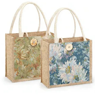 2 Stück Jutetasche,Tote Bag Klein, Wiederverwendbare Einkaufstasche, Tragetasche Damen, Korbtasche, Shopping Bag mit Henkel, Jute Tasche für Brautjungfer Geschenk Reisen Einkaufen (Mehrfarbig 1)