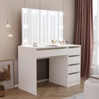Idohome Schminktisch mit Spiegel, Schminkkommode modern, Frisiertisch mit Schubladen, Kosmetiktisch mit Beleuchtung, Schmuckschrank Weiß matt BELLA - Weiß