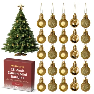 Festive Fix 25 Gold Mini bruchsichere Weihnachtskugeln - Glänzend, Matt & Glitzer Hängende Ornament, Leichte, Langlebige Weihnachtsdekorationen für Weihnachtsbäume, Zuhause, Party & Festliche