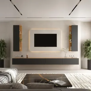 Planetmöbel TV Wohnwand (4-teilig) aus 2x TV Board und 2x Seitenschrank, 320 cm Gold Eiche / Anthrazit
