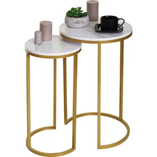 2er-Set Beistelltisch HWC-K46, Kaffeetisch Nachttisch Loungetisch, Marmor-Optik MDF weiß-gold - Weiß