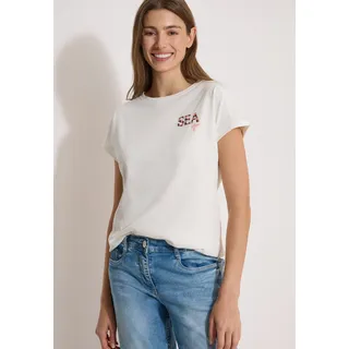 Kurzarmshirt CECIL, Damen, Gr. M (40), weiß (vanilleweiß), Jersey, Obermaterial: 100% Baumwolle, bedruckt, normal hüftbedeckend, Rundhals, abgesteppte Kante, Shirts Kurzarmshirt, Sommershirt mit Rundhals und Embroidery