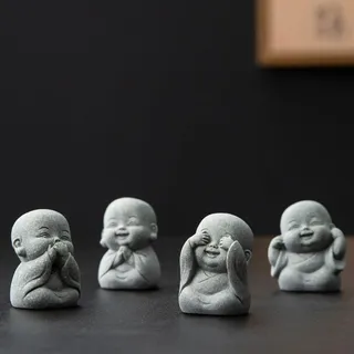 ULMDUEAEE 4-Set Mini Lachende Buddha-Statue, kleine Buddha Skulpturen aus Sandstein - Dekorationsartikel für Innen & Außen, Blumentopf, Garten und Aquarium - Ideal als Einweihungs-Geschenk