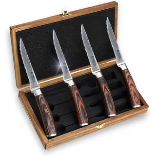 Wakoli EDIB 4-teiliges Steakmesser Set Damaststahl (VG10 Kern) in Geschenkbox – 4x Steakmesser mit 12,5 cm Klinge – Scharf & ergonomisch – Damastmesser Set mit Pakkaholzgriffen für Steak & Braten