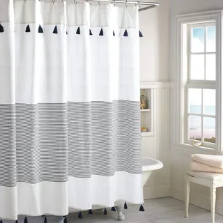 Peri Home Panama Stripe Boho Farmhouse Quaste Duschvorhang 100% Baumwolle Stoff Duschvorhang mit Quasten für Badezimmer Dekor, 183 x 183 cm, Marineblau