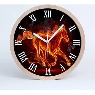 Holzuhr 25fi cm wanduhr - weiße Spitzen - Pferd in Flammen - Rot
