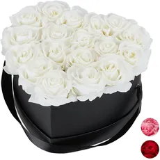Relaxdays Rosenbox Herz, 18 Rosen, stabile Flowerbox schwarz, 10 Jahre haltbar, Geschenkidee, dekorative Blumenbox, weiß, 13 x 21 x 19 cm