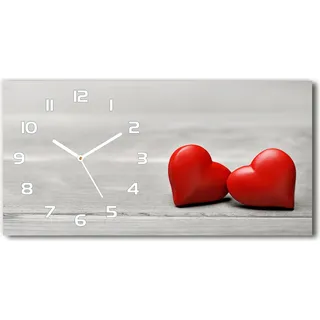 Wanduhr aus Glas – 60x30 cm - Glasbild - Glasuhr - Gehärtetes Glas - weisse-zeiger - Herzen auf dem Holz