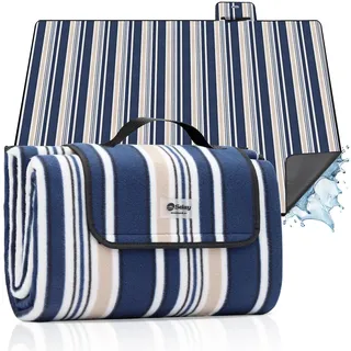 Sekey Picknickdecke Wasserdicht 200x300cm, sandfeste Strandmatte, PEVA-Wasserdichter Untergrund, Stranddecke Tragbare Faltbar Gepolstert, für Outdoor-Camping Strand und Wiese, Blau-Weiß-Beige Streifen