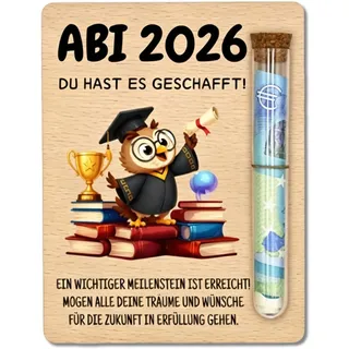 3 Stück Abitur 2026 Geschenke Set, Geldgeschenk Holz mit Reagenzglas, Kreatives Schulabschluss Geschenk, Holzkarte für Absolventen, Abi Glückwunsch Aufsteller für Jungen und Mädchen
