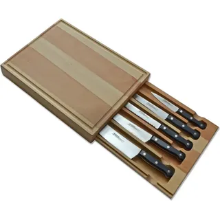Trendiges Deluxe Messerset 5-teilig mit robuster Buchenholz-Schublade & Schneidebrett
