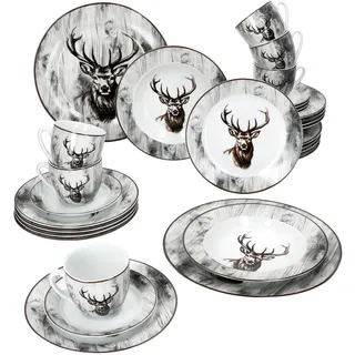 30tlg Kombiservice Alois Porzellan 6 Personen Tassen Untertassen Teller Blumen - Schwarz, Weiß