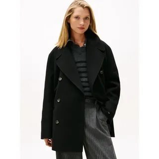 Kurzmantel TOMMY HILFIGER "DF WOOL BLEND REG PEACOAT", Damen, Gr. 40, schwarz, Web, Obermaterial: 60% Wolle, 40% Polyester, unifarben, hüftbedeckend, V-Ausschnitt, Mäntel Kurzmantel, mit Wolle