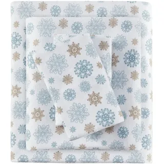 Sleep Philosophy True North by Kuscheliges Flanell-Bettwäsche-Set, 100% Baumwolle, Motiv: Tiere, Sterne, niedlich, ultraweich, für kaltes Wetter, Kingsize, Hellbraun/Blaue Schneeflocken, 4-teilig