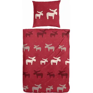 Hahn Edelflanell Bettwäsche Rot Winter Hirsche 135x200 cm + 80x80 cm - Rot