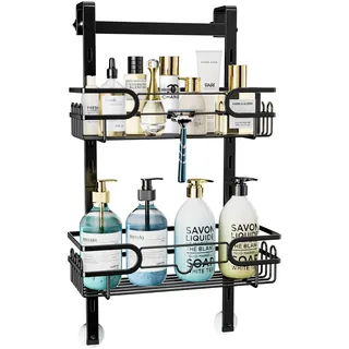 HapiRm Duschablage zum Hängen - Duschregal zum Hängen Einstellbar mit 2 Duschablage Ohne Bohren, Duschkorb zum Hängen mit Saugnäpfen für Glastür, Shower Shelf Shampoo Halterung für Dusche, Schwarz