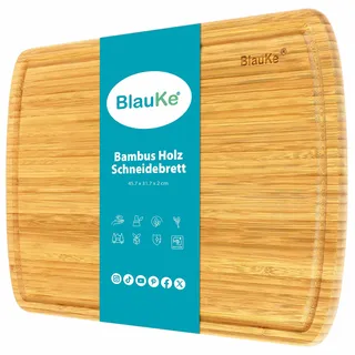 Schneidebrett aus Holz mit Saftrille (45x31cm) – Extra Großes Bambus Küchenbrett, Servierplatte für Fleisch, Käse, Gemüse, Wurst – Holzbrett Küche Groß, Brotbrett, Frühstücksbrettchen – BlauKe®
