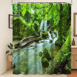 Xiaoterna Pflanzen Duschvorhang Grüner Naturwald Dschungel Tropischer Regenwald Sommerlandschaft Szenerie Badvorhang Frühlingswald Wasserfall Schimmelresistent Duschvorhang 180x180cm