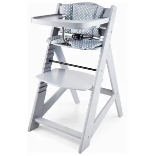 Moby-System Woody Kinderhochstuhl aus Holz – Mitwachsender Treppenhochstuhl ab 6 Monaten – Höhenverstellbar bis 15 kg mit Tisch, Kissen & 3-Punkt-Gurt – Sicher & Platzsparend - Grau