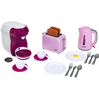 Theo Klein 9597 Bosch Frühstücksset I Rosa Küchenzubehör-Set inkl. Toaster, Kaffeemaschine und Wasserkocher I mit Geschirr, Besteck und Spiegelei-Attrappe I Spielzeug für Kinder ab 3 Jahren