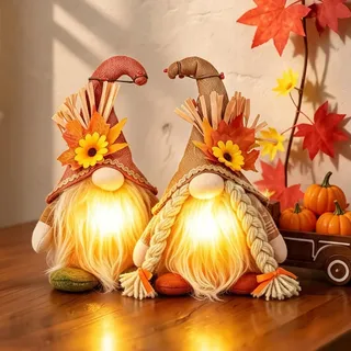 KQWVZ Herbstdeko Wichtel, 2 Stück Herbst Dekoration Wichtel mit LED Licht, Ahornblatt Sonnenblume Herbst Deko Plüsch Elfe Puppe, Leuchtende Plüsch Wichtel Figuren, Herbstdeko Figuren für Erntedankfest