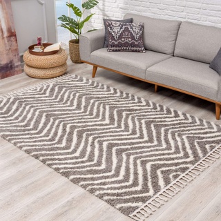 carpet city Teppich Hochflor Wohnzimmer - Ethno Chevron Design 100x300 cm Grau Creme - Teppiche mit Fransen