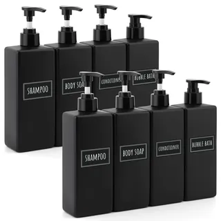 Segbeauty Seifenspender Set, 8 Stück 500ml Duschgel Spender, Shampoo Spender Kunststoff, Spenderflasche mit Wasserdichten Etiketten, Duschgelspender für Dusche (Schwarz Matt)