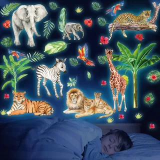 Wandtattoo Safari Tiere, Dschungeltiere Leuchtend Wandaufkleber Leuchtsticker Tiere Wandsticker Dschungel Leuchtaufkleber Wandtattoo für Kinderzimmer Mädchen Jungen Schlafzimmer Babyzimmer Deko
