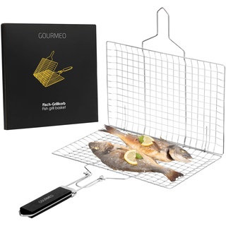 GOURMEO Edelstahl Grillschale - Fisch, Fleisch & Gemüse Grillkorb mit Holzgriff & Bürste - Rostfreie Zubehör Körbe zum Grillen für den Gasgrill und andere Grill Arten