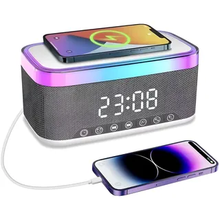 Radio wecker Digital mit Ladestation, 15W Fast Wireless Charger, Digitaler Radiowecker mit Bluetooth Lautsprecher, 13 LED-Leuchten, USB-Kabelloser Ladegerät, FM-Radio, Smart Wecker mit ladefunktion