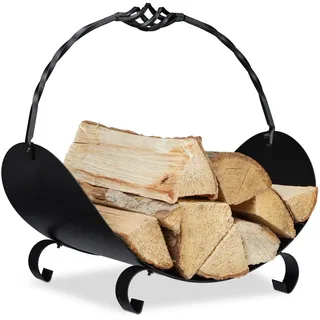 Relaxdays Kaminholzkorb Metall, Holztrage mit Henkel, HBT: 42,5 x 43,5 x 30 cm, innen, Holzkorb für Kaminholz, schwarz