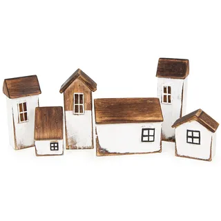 Logbuch-Verlag 6 kleine Maritime Häuser Deko Set Holzhäuser braun weiß mediterrane Dekoration Häuserzeile 33 x 3 x 12 cm