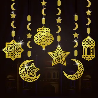 AhfuLife Eid Mubarak Girlande Dekoration, 12 Stück Eid Mubarak Deko Islamic Gold Stern Mond Ramadan Girlande Anhänger Ornament, Eid Mubarak Party Banner für Muslimische Eid Al Fitr Festival Party Deko