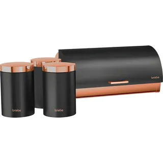 Briebe BB1161 Set aus Brotkasten +3 Küchenvorratsdosen aus Robustem Edelstahl Modernes Design Mattschwarz/Rosegold - Schwarz, Rosa