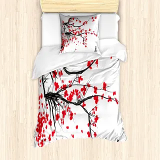 ABAKUHAUS Sakura Bettbezug Set für Einzelbetten, Aquarell Sommergarten, Milbensicher Allergiker geeignet mit Kissenbezug, rot schwarz