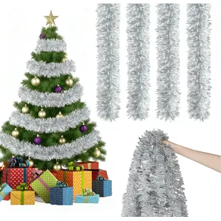 DEXYZZY 4 Stück 2M Lametta Girlande, Weihnachtsdeko Girlande, Lametta Baumschmuck, Weihnachten Lamettav für Weihnachtsbaum Kranz Hochzeit Party, für Party Hängende Decke Dekorationen, Silber