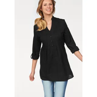 Longbluse ANISTON CASUAL, Damen, Gr. 46, schwarz, Web, Obermaterial: 100% Baumwolle, unifarben, figurumspielend ca. Mitte Oberschenkel, Rundhals, 1-Knopf-Manschette krempelbar, Blusen Longbluse, mit dekorativer Biesenverarbeitung, Topseller