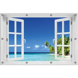 Wallario Outdoor-Poster für Garten oder Balkon 80 x 120 cm: Blauer Himmel weißer Strand Palmen und das tiefblaue Meer - Blau