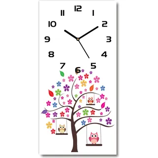 Wanduhr aus Glas – 30x60 cm - Glasbild - Glasuhr - Gehärtetes Glas -Eulen auf Schaukeln