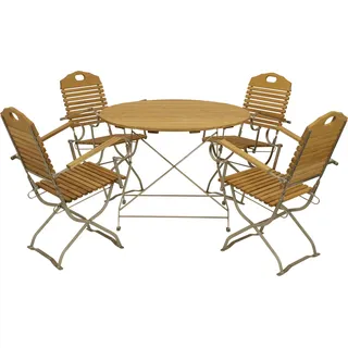 DEGAMO Gartenset Sitzgruppe Gartengarnitur im Kurgartendesign BAD TÖLZ 5-teilig mit Tisch rund, Flachstahl verzinkt + Holz Robinie, klappbar - Silber, Braun
