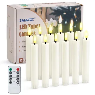 IMAGE 12 Stück batteriebetriebene Stabkerzen 3D Docht Elfenbein flammenlose flackernd Kerzen mit Fernbedienung und Timer, Hochzeit ostern partys Weihnachtsdeko,warm weiß