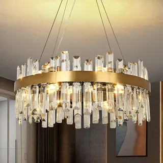 KUNYEEE Modern Kristall Pendelleuchte Gold Kronleuchter, Kristall Lampe Rund Hängeleuchte, 12xE14 Häengelampe für Wohnzimmer, Esszimmer,Schlafzimmer, Φ60cm