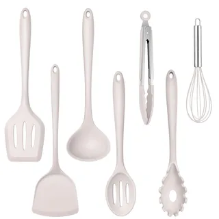 TEAMFAR Silikon Küchenhelfer Set, 7 Stück Antihaft Küchenutensilien Küchenset, Hitzebeständiger Kochbesteck Kochutensilien mit Pfannenwender für Kochen, Ungiftig & Leicht zu reinigen, Khaki