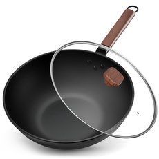 Jobin 33cm/5,6L Wokpfanne mit Deckel Wok aus Kohlenstoffstahl Ohne Chemische Beschichtung und zum Kochen von Asiatischen Gerichten für 4-6 Personen, Induktion, Elektro, Gas