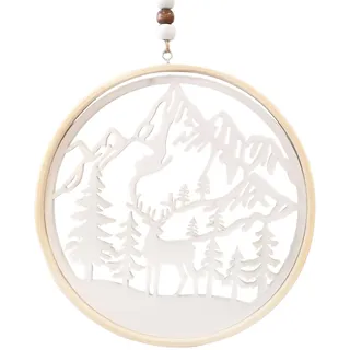 Deko-Ring Holz Winter: Türkranz Weihnachten, Winterdeko, Weihnachtsanhänger Winterbild, Weihnachtlicher Anhänger Tür, Wand & Fenster, Weihnachtliche Deko, Holzanhänger Hirsch, Weiß & Natur, Ø 15,5 cm