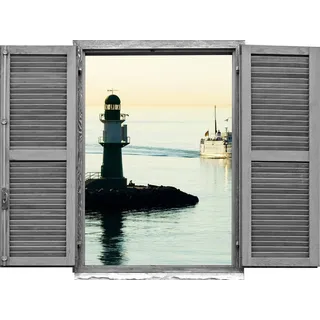 Queence Wandtattoo »Leuchtturm« Wandsticker, Wandbild, selbstklebend, 3D, Fenster, grau