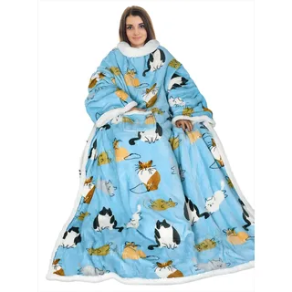 Catalonia Classy Decke mit Ärmeln als Geschenk für Frauen Herren, Flauschig Sherpa Kuscheldecke mit Ärmel, Cozy Ärmeldecke Warm Decke zum Anziehen Erwachsene, 185 x 140 cm Katze Blau